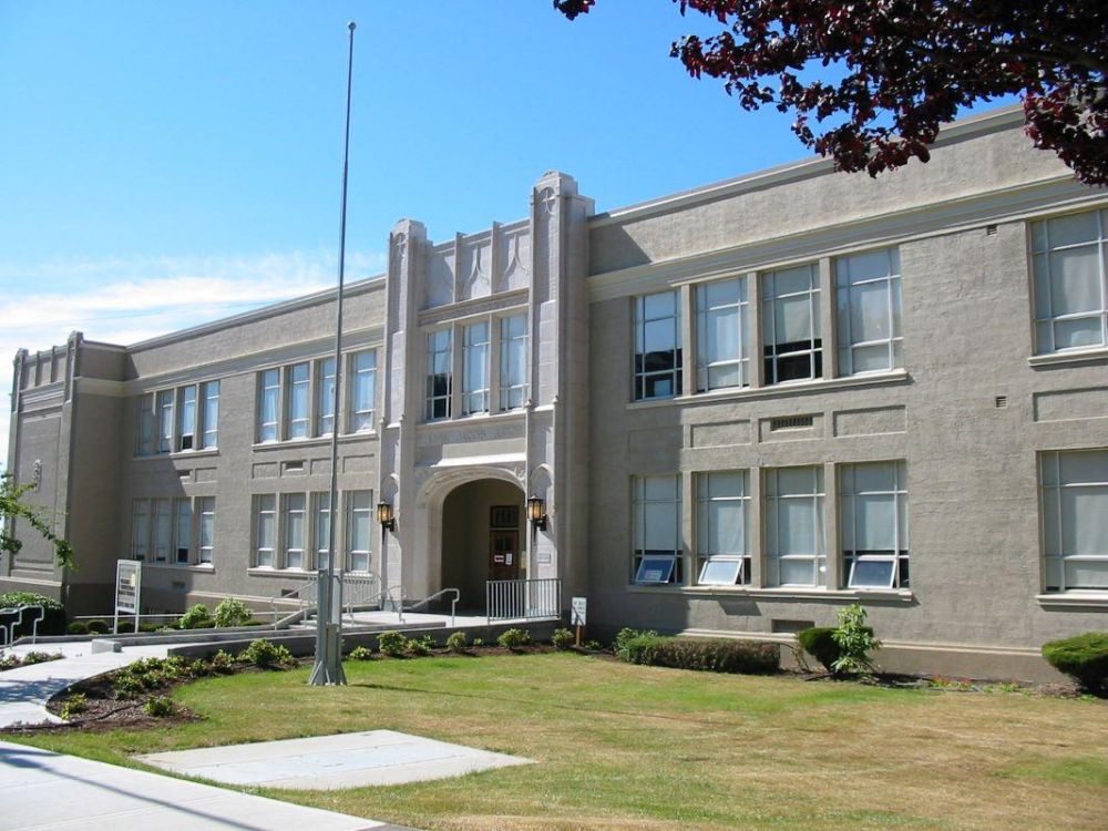 The gray edifice of John Jacob Astor Elementary School in Astoria.