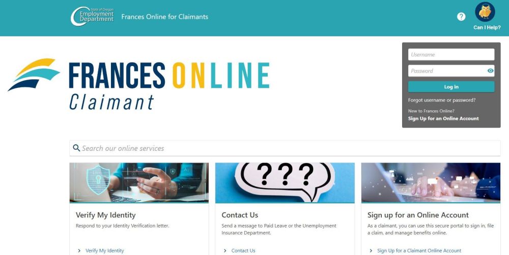 Screenshot of Frances Online log in page
