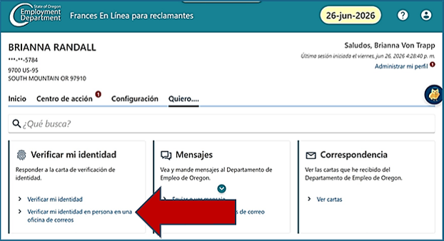 Una pantalla de Frances en Línea con el enlace "Verificar mi identidad en persona en una oficina de correos" resaltado.