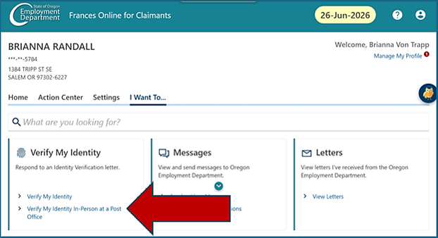A Frances Online screen with the "Verify My Identity In-Person at a Post Office" link highlighted.