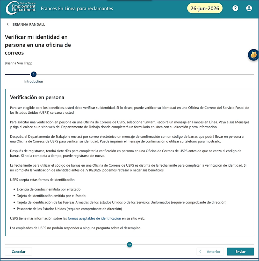 Una pantalla de Frances en Línea con información sobre cómo verificar su identidad en la oficina de correos.