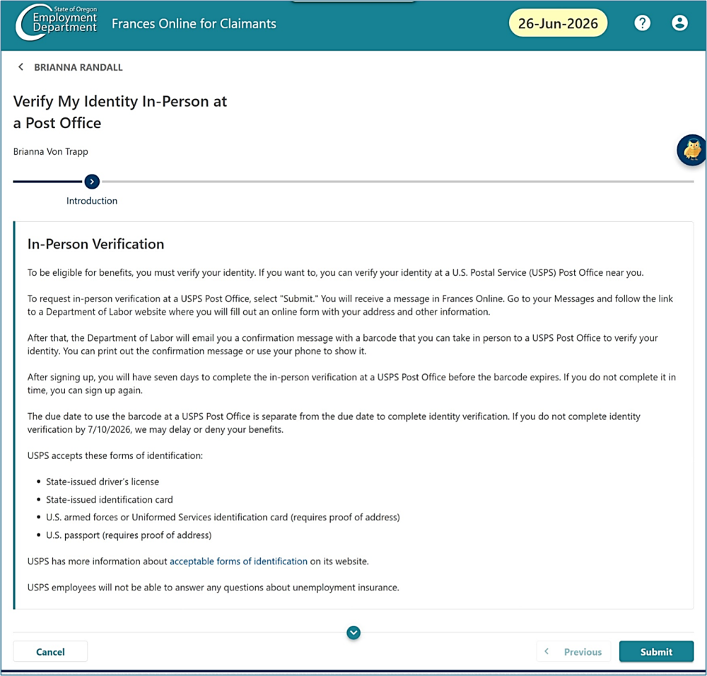 A Frances Online screen with information about verifying your identity at the post office.