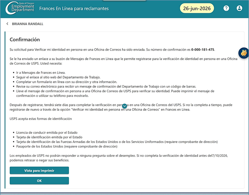 Un ejemplo de una pantalla de confirmación de Frances en Línea.