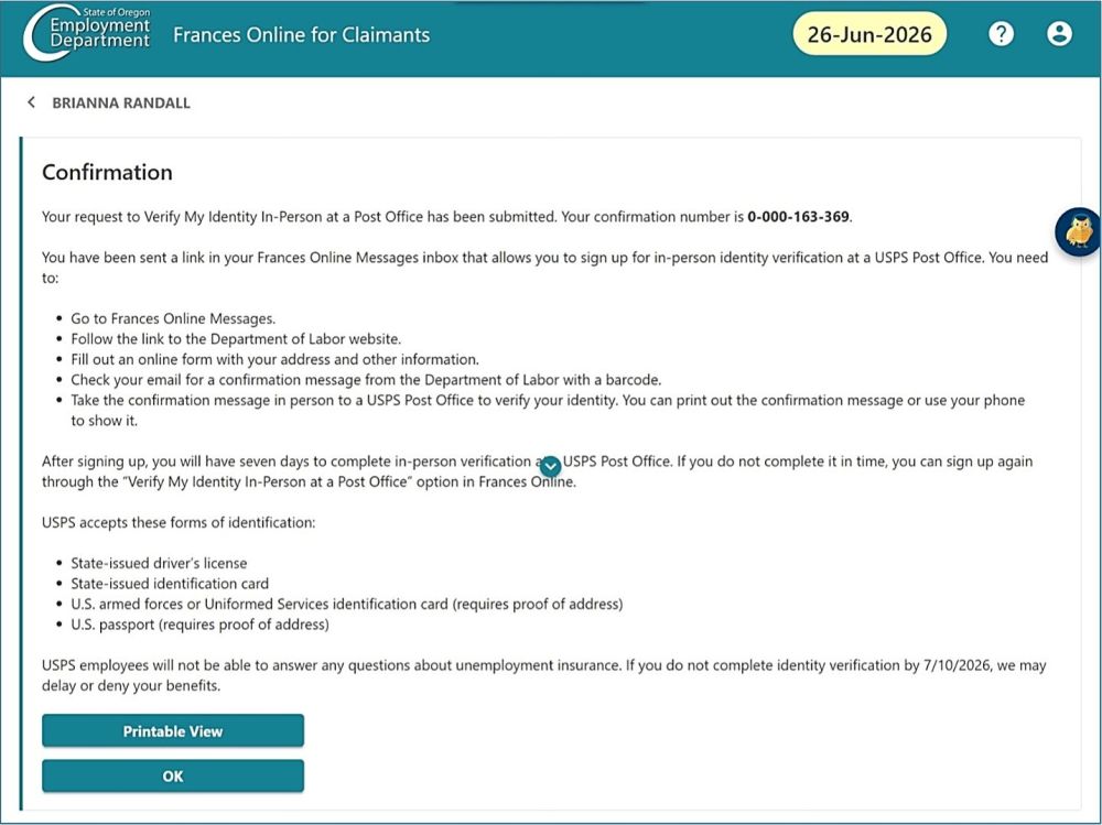 An example of a Frances Online confirmation screen.