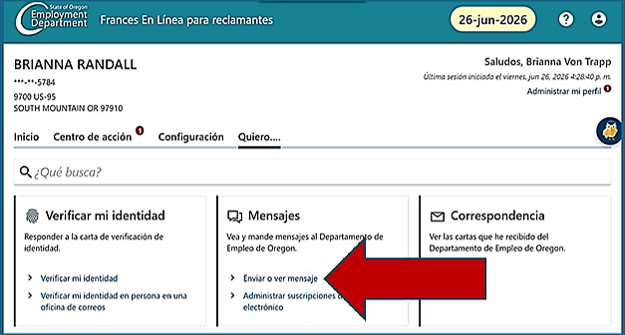 Una pantalla de Frances en Línea con el enlace “Enviar o ver mensaje” resaltado.