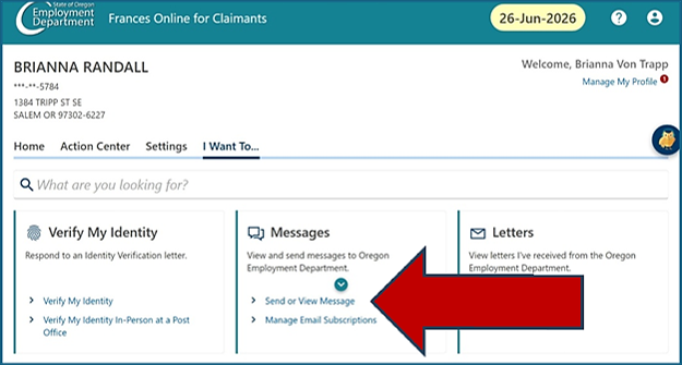 A Frances Online screen with the "Send or View Message" link highlighted.