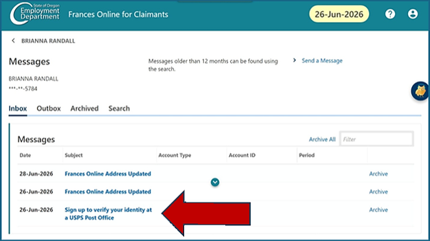 A Frances Online screen with the "Sign up to verify your Identity at a USPS Post Office" message link highlighted.