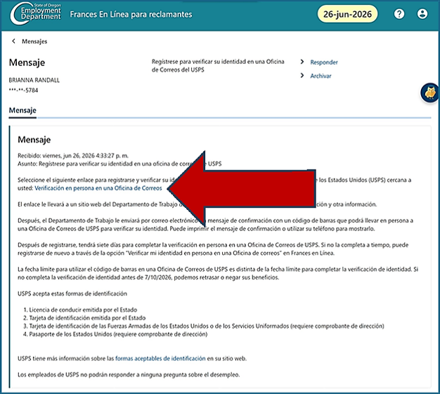 Un mensaje de Frances en Línea con el enlace “Verificación en persona en una Oficina de Correos” resaltado.