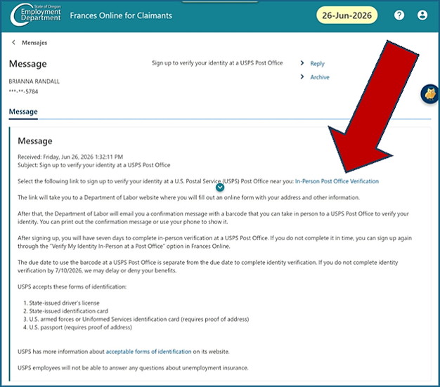 A Frances Online message with the “In-Person Post Office Verification” link highlighted.