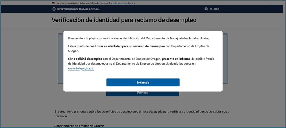 Un ejemplo de la pantalla de bienvenida del sitio web del Departamento de Trabajo de los EE. UU.