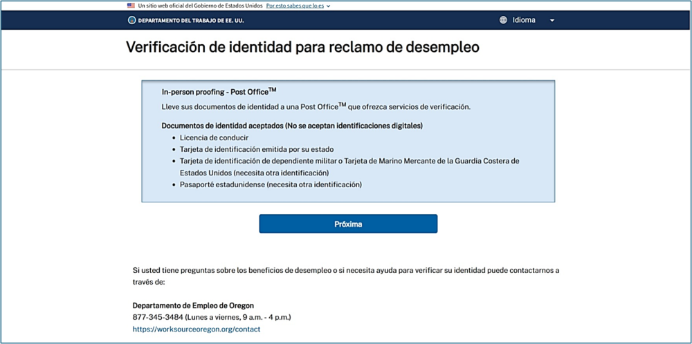 Una captura de pantalla del sitio web del Departamento de Trabajo de los EE. UU.