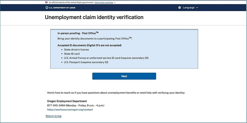 A screen of the U.S. Department of Labor website.