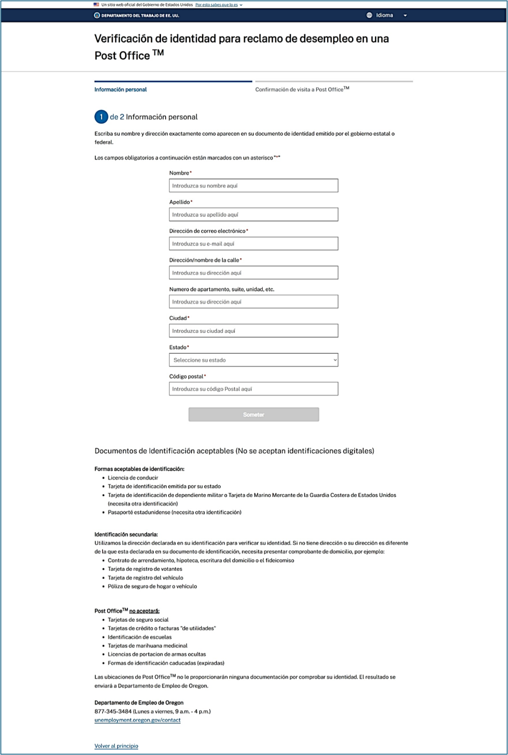 Un formulario para completar en el sitio web del Departamento de Trabajo de los EE. UU.