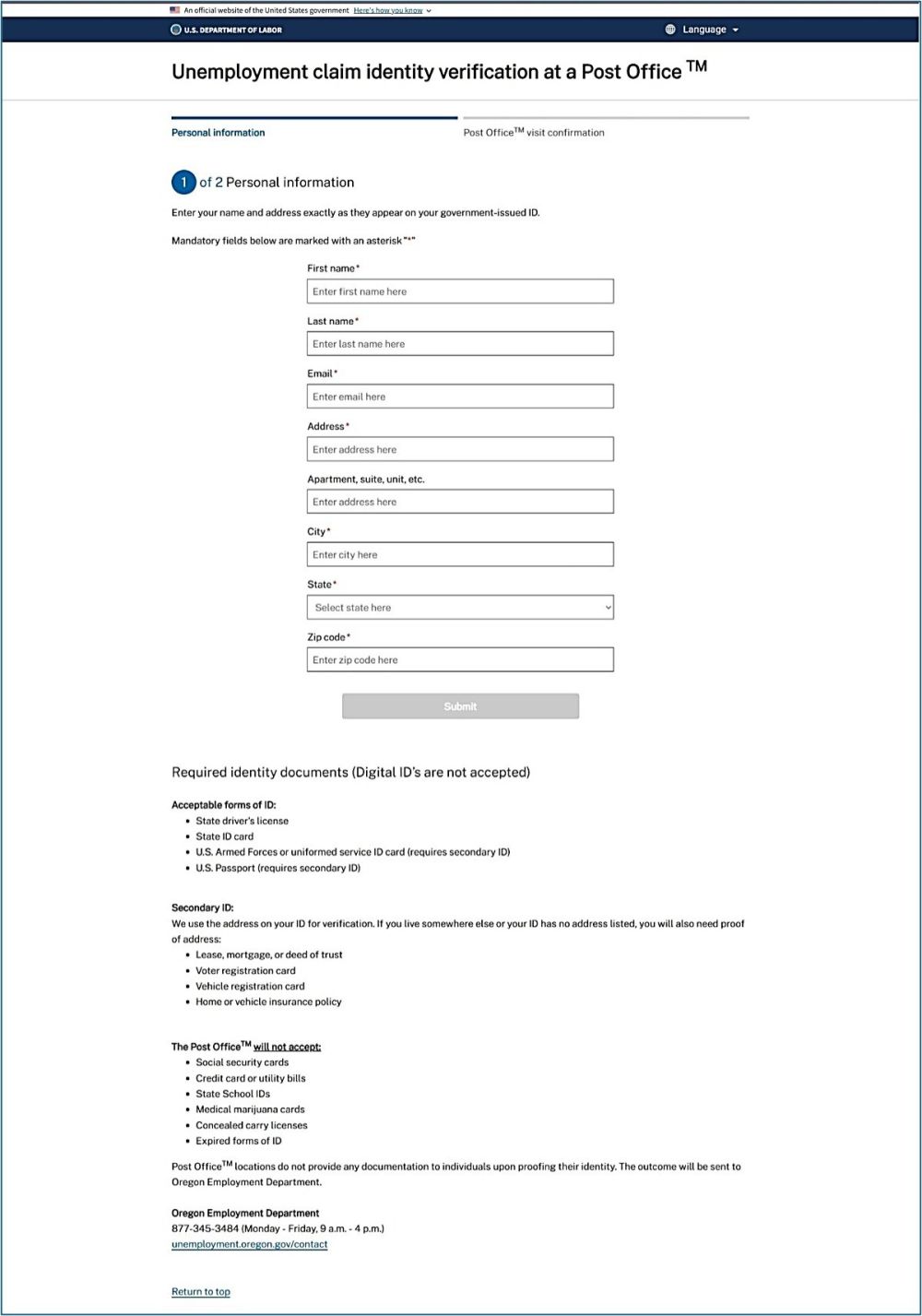A form to fill out on the U.S. Department of Labor website.