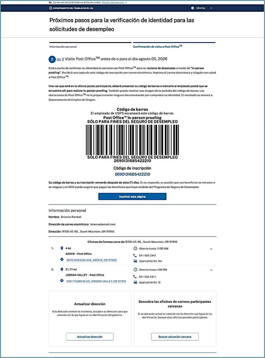 Un ejemplo de lo que se proporcionará para llevar a una oficina de correos de los EE. UU.