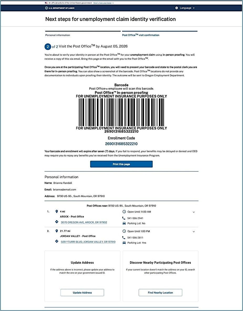 An example of what will be provided to take to a U.S. Post Office.